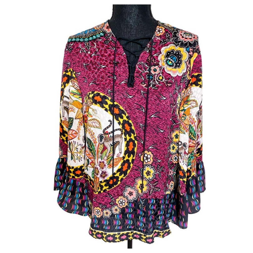Etro Jungle Silk Lace-up Front Bell Sleeve Blouse Size 42